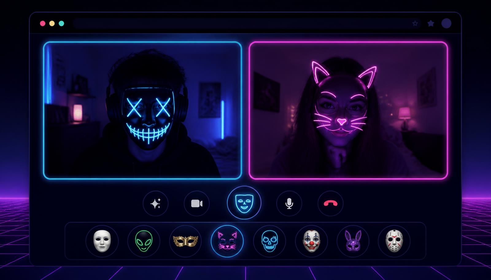 NEONMEGLE app interface showing two video tiles with neon face masks