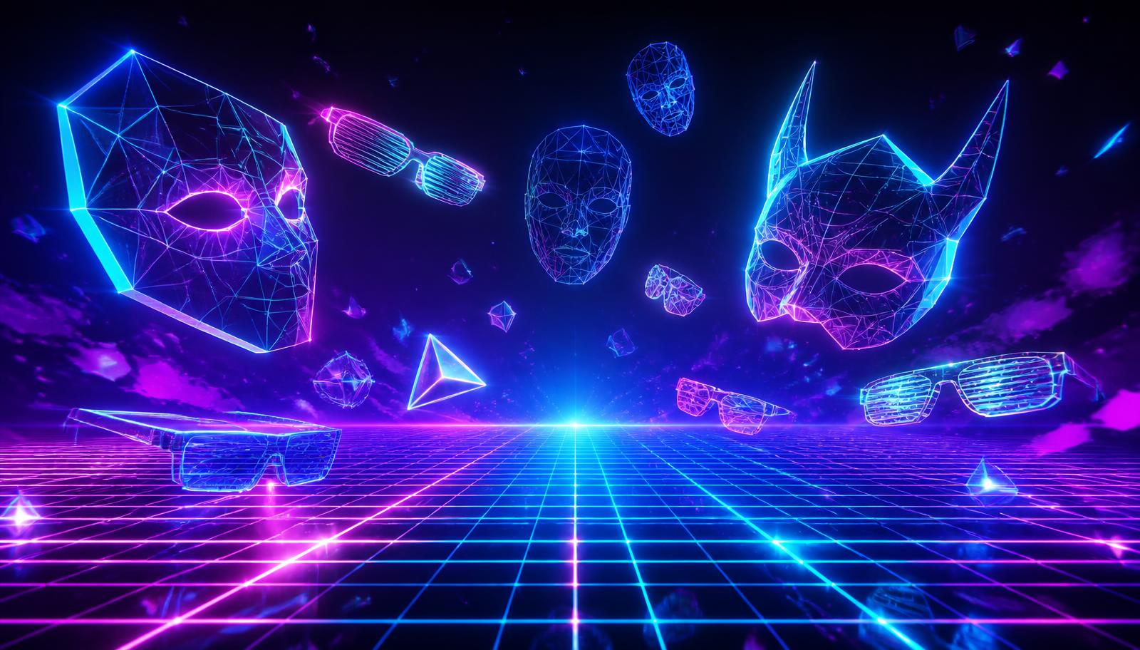 NEONMEGLE neon key art with floating wireframe masks over a grid horizon